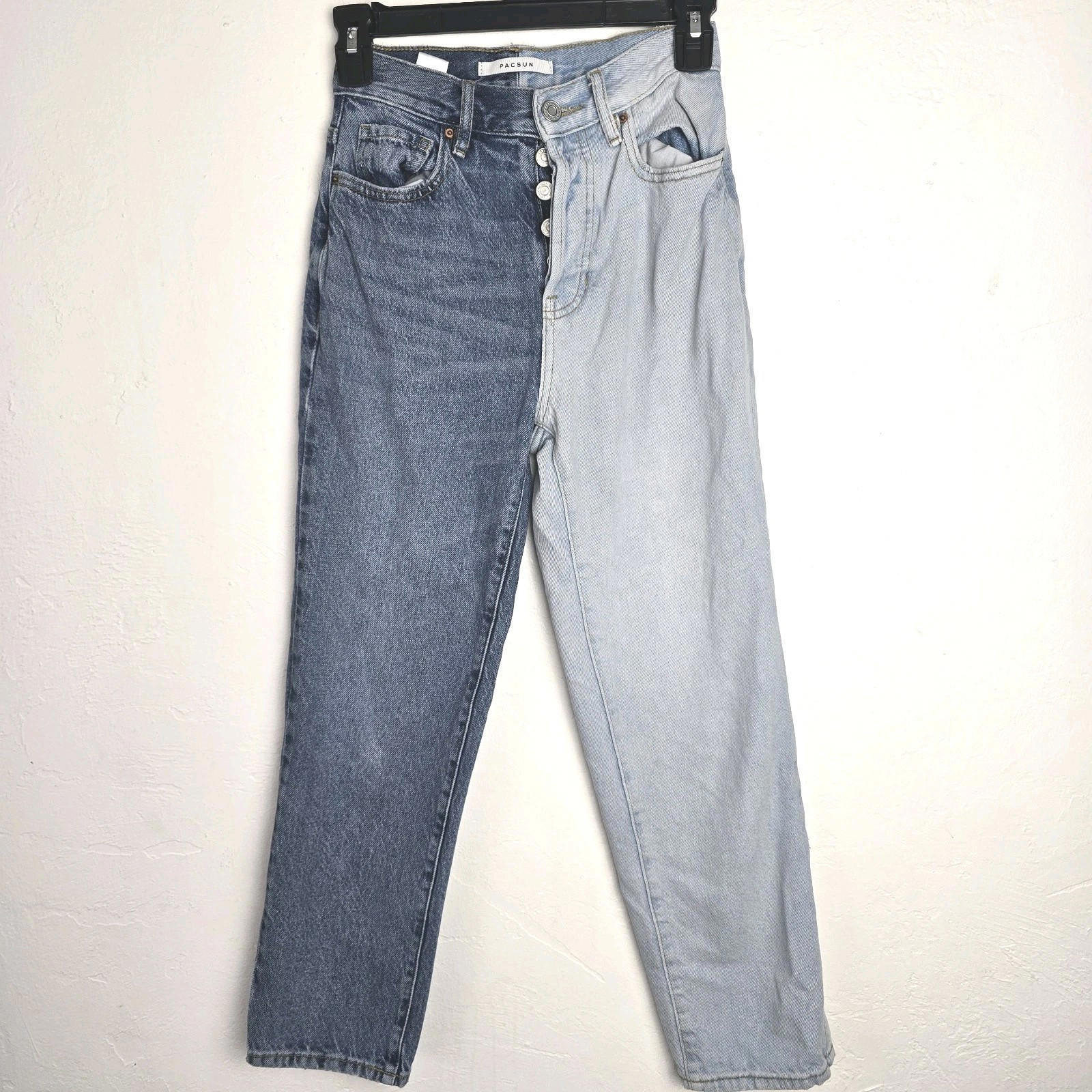 Pacsun Womens Jeans High Rise Straight Denim Two Tone Blue Button Fly Size 23